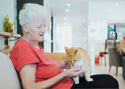 Alte Dame spielt mit Katze